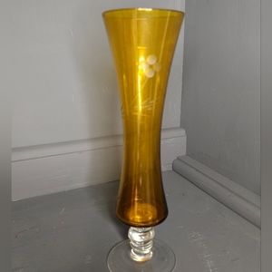 Vintage Enesco Topaz Amber Glass Fluted Bud Vase Floral Etched Made In Korea